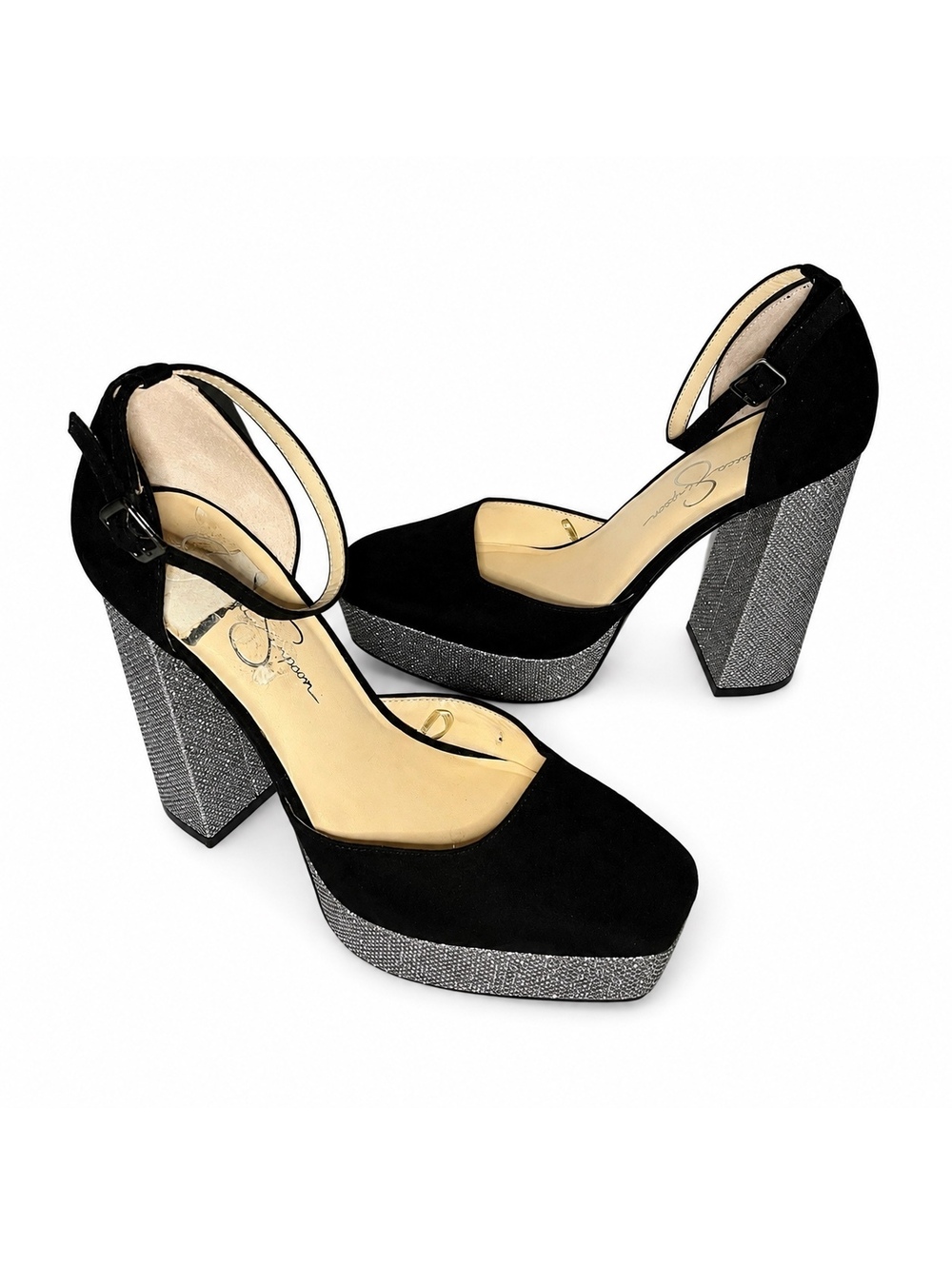Jessica Simpson Black Platform Block Heel Pumps Ankle Strap Size 8.5